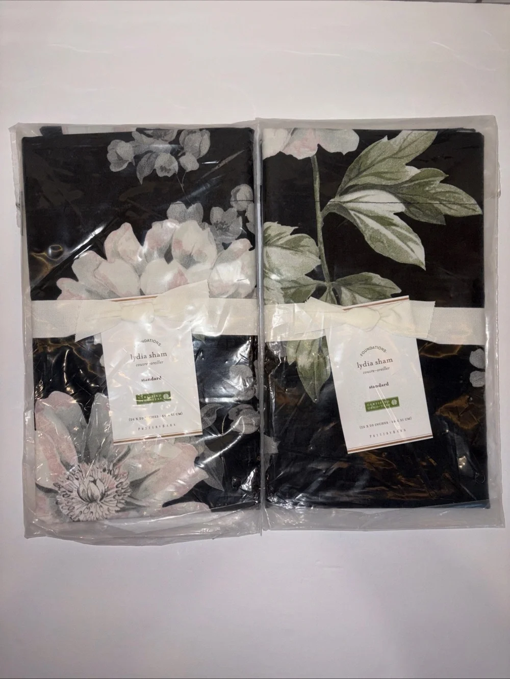 Pottery Barn Lydia BLACK & PINK GREEN FLORAL (pair) STANDARD PILLOW SHAMS 20X26